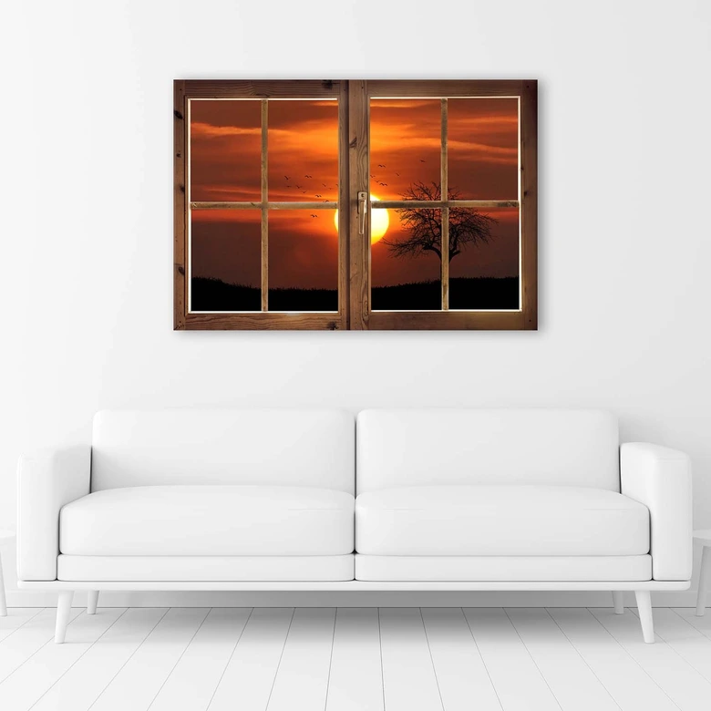 Leinwandbild, Fensterblick Sonnenuntergang 
