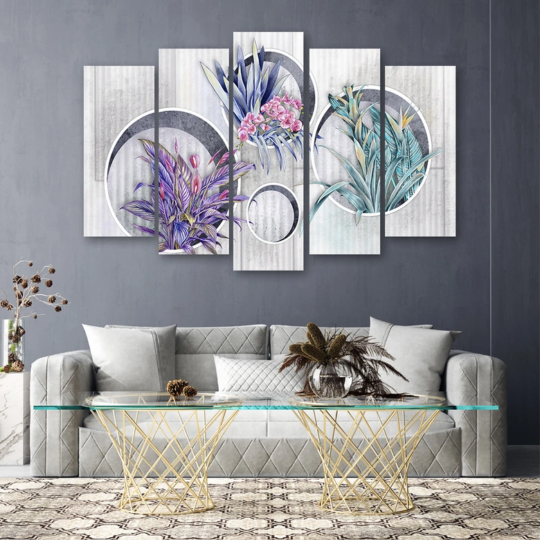 Leinwandbild 5 teilig, Quadratkisten Regale mit Blumen 