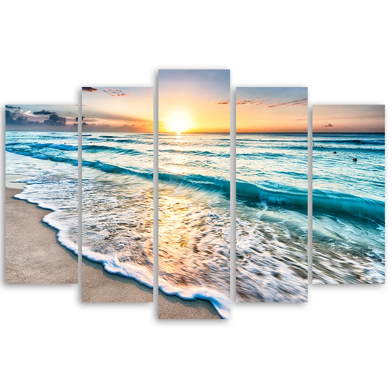Leinwandbild 5 teilig, Meer Strand Wasser Sonnenuntergang 