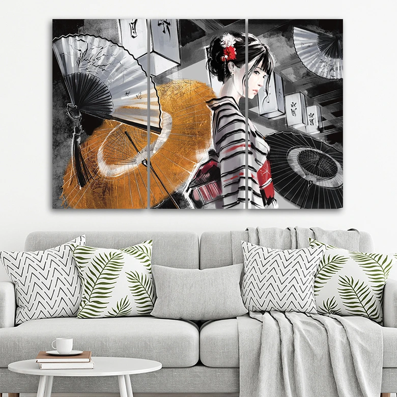 Leinwandbild 3 teilig, Geisha mit einem Fan 