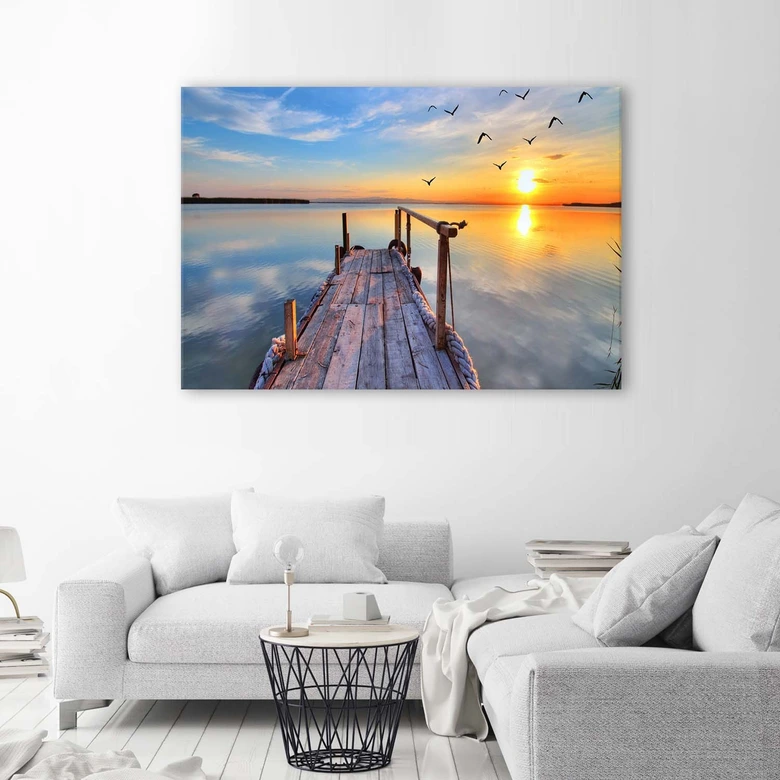 Canvasbillede, sø ved solnedgang 