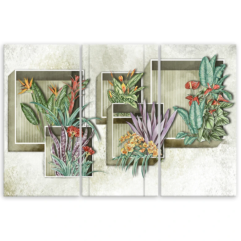 Leinwandbild 3 teilig, Quadratkisten Regale mit Blumen 