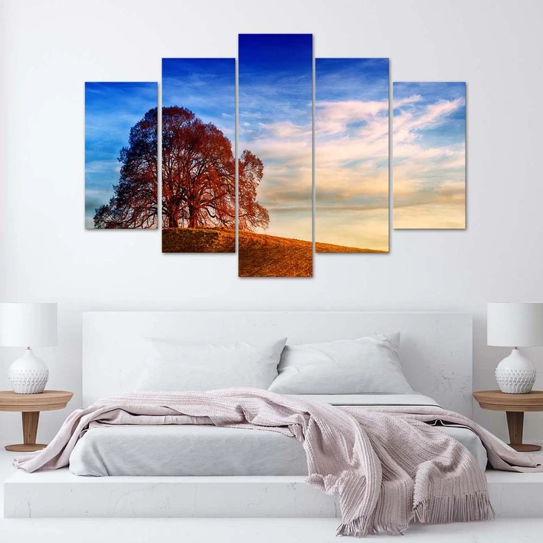Leinwandbild 5 teilig, Landschaft Baum Berge 