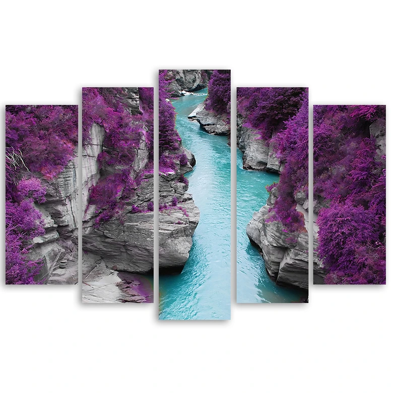 5-delige canvasprint, paarse landschapsstroom 