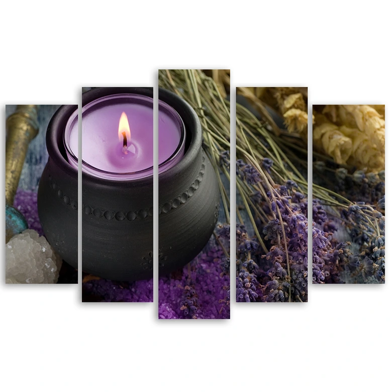 Leinwandbild 5 teilig, Lila Spa Zen Kerze 