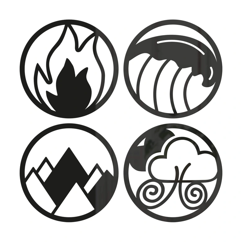 Wanddecoratie de Vier Elementen (Vuur, Water, Aarde, Lucht) 4-delig 