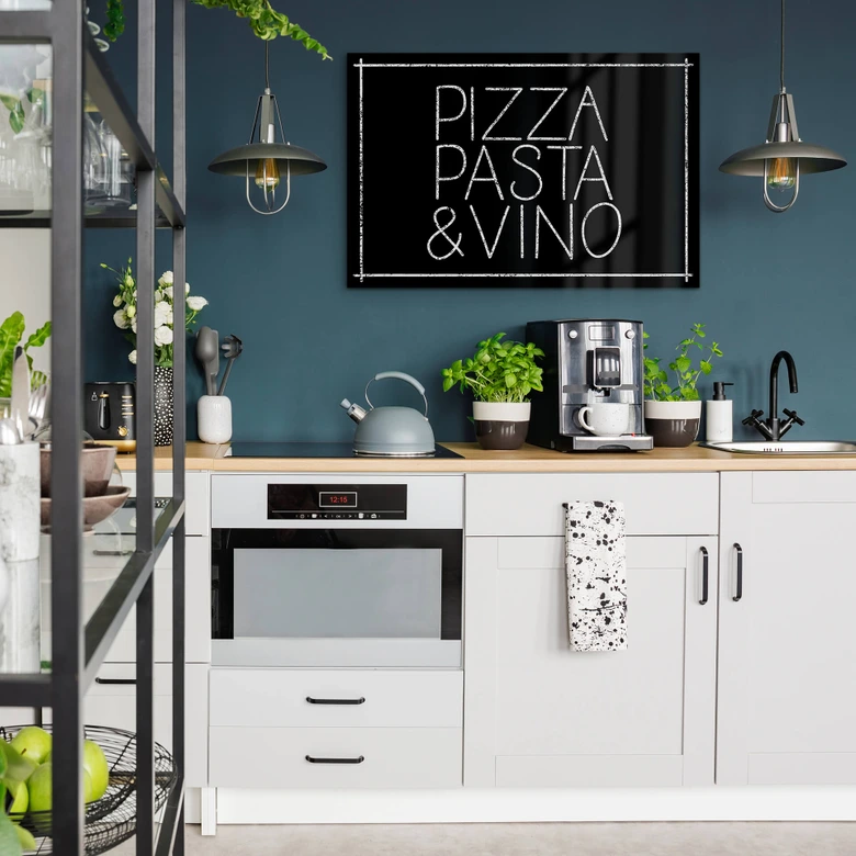 Acrylglasbild Pizza Pasta & Vino schwarz 