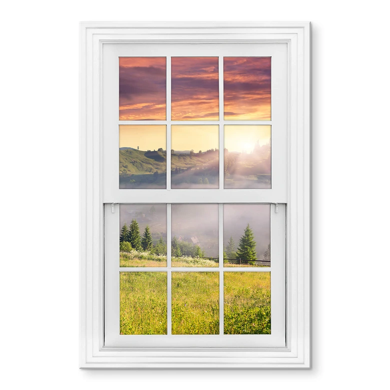 Acrylglasbild 3D Fenster - Bergtal im Nebel 