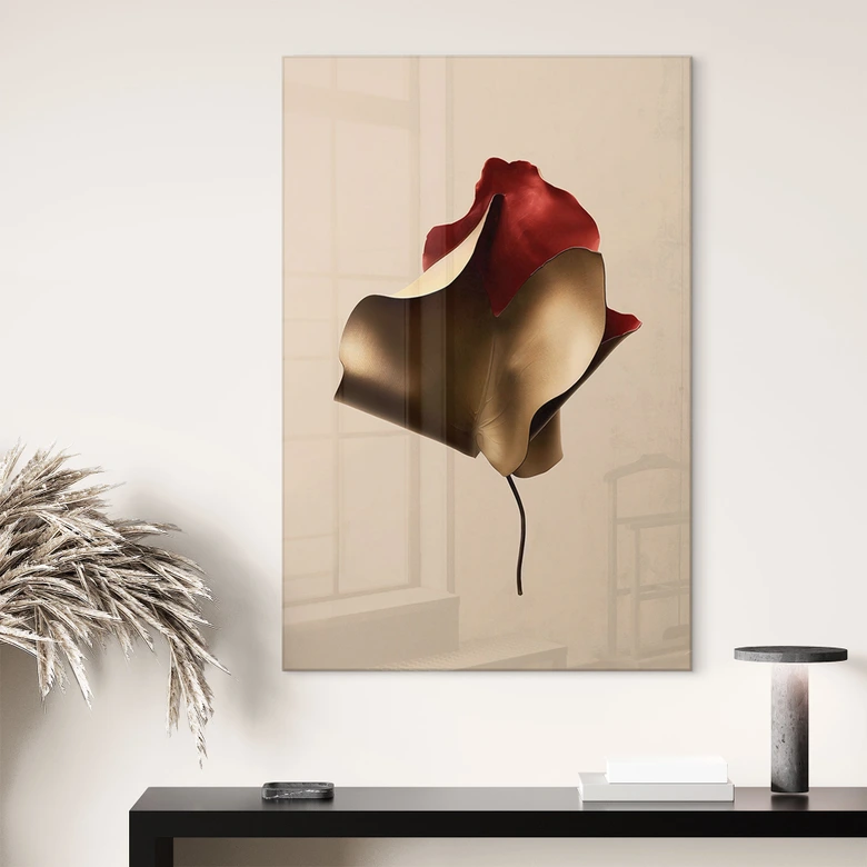 Tableau en verre acrylique Feuille élégante en or et rouge - Alma 