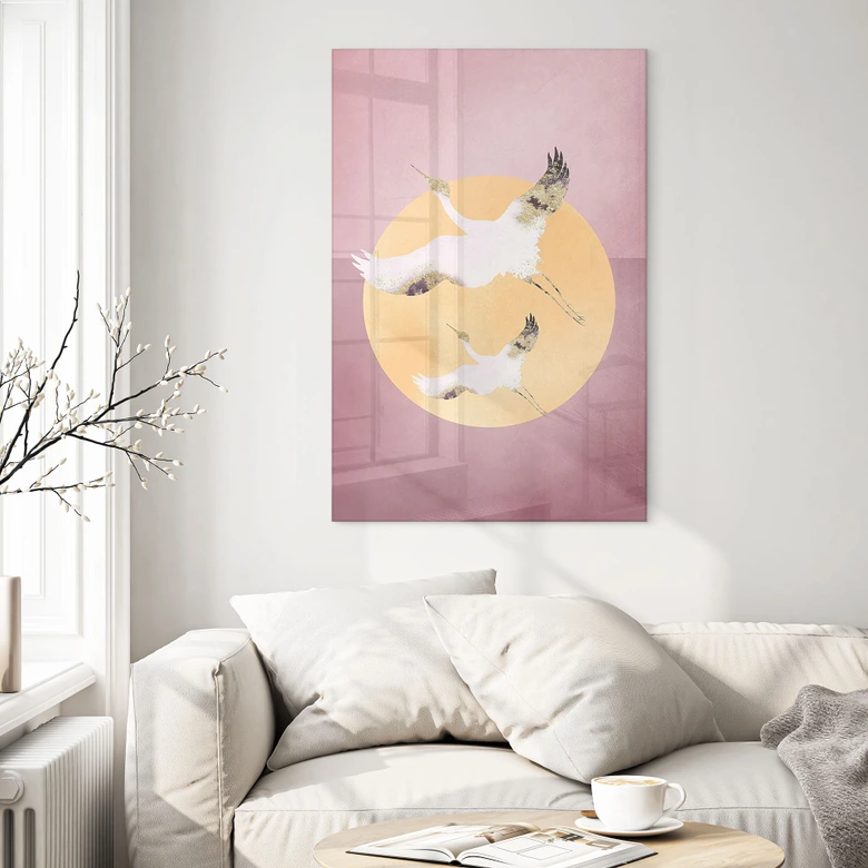 Tableau sur verre acrylique Grues blanches et or dans un ciel rose - Aureous 
