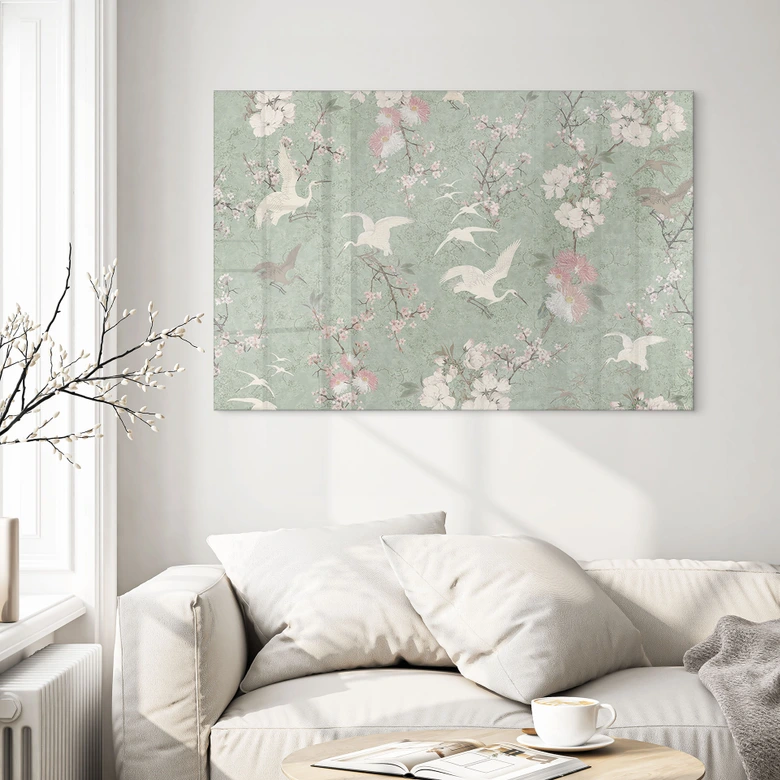 Acrylglasbild Kraniche im Kirschblüten-Rausch Grün - Bloomery Decor 