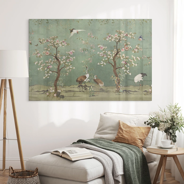 Acrylglasbild Kraniche in floraler Landschaft - Bloomery Decor 