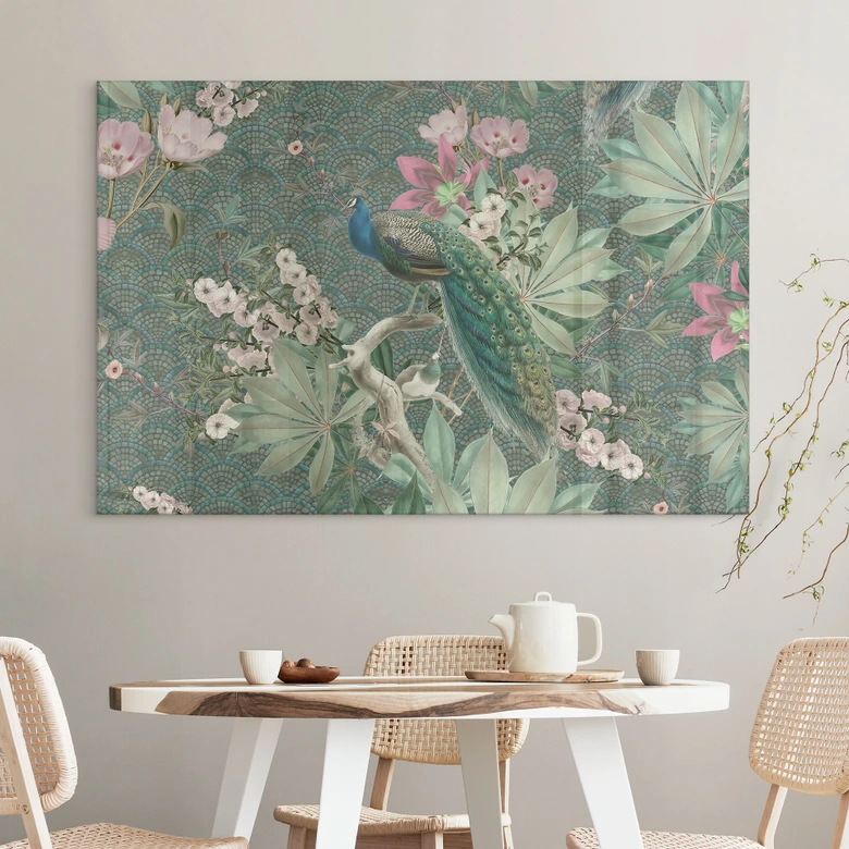 Acrylglasbild Pfau im Tropengarten auf Mosaik - Bloomery Decor 