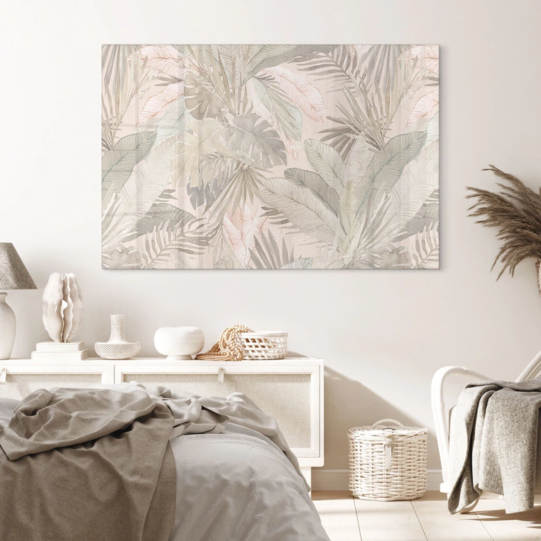 Tableau en verre acrylique Feuilles tropicales dans la jungle pastel - Bloomery Decor 