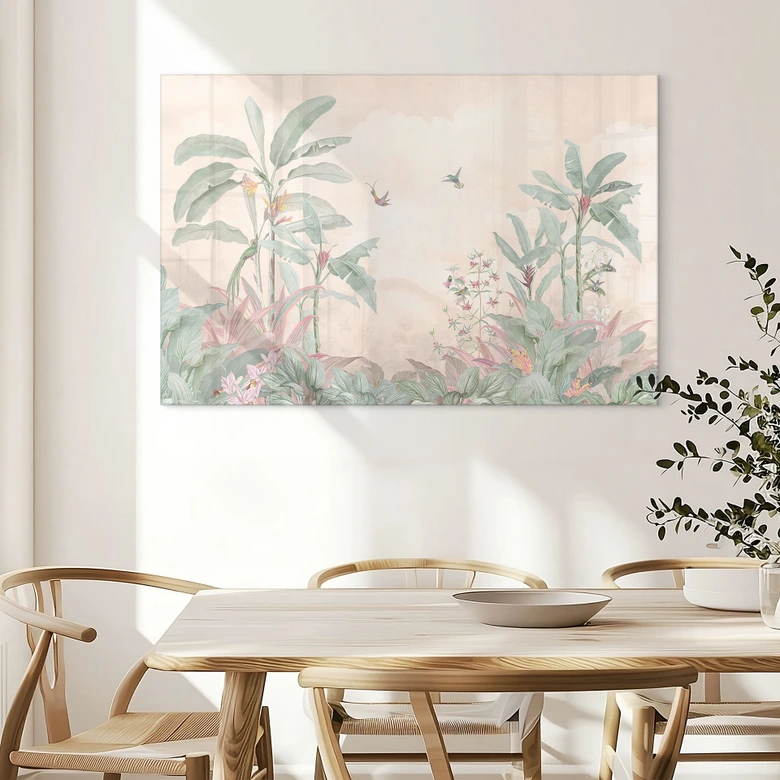 Tableau en verre acrylique Idylle tropicale avec colibri Apricot - Bloomery Decor 