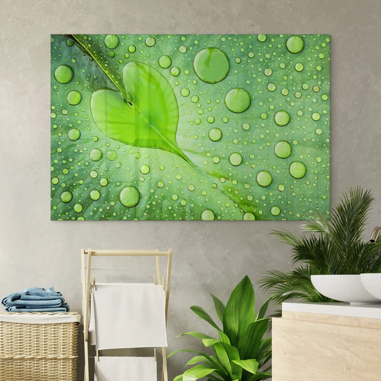 Acrylglasbild Foto - Herz aus Wassertropfen auf grünem Blatt 
