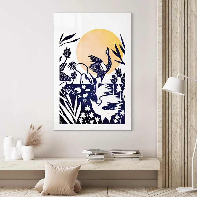 Acrylglasbild Goed Blauw - Linolschnitt Kranich 