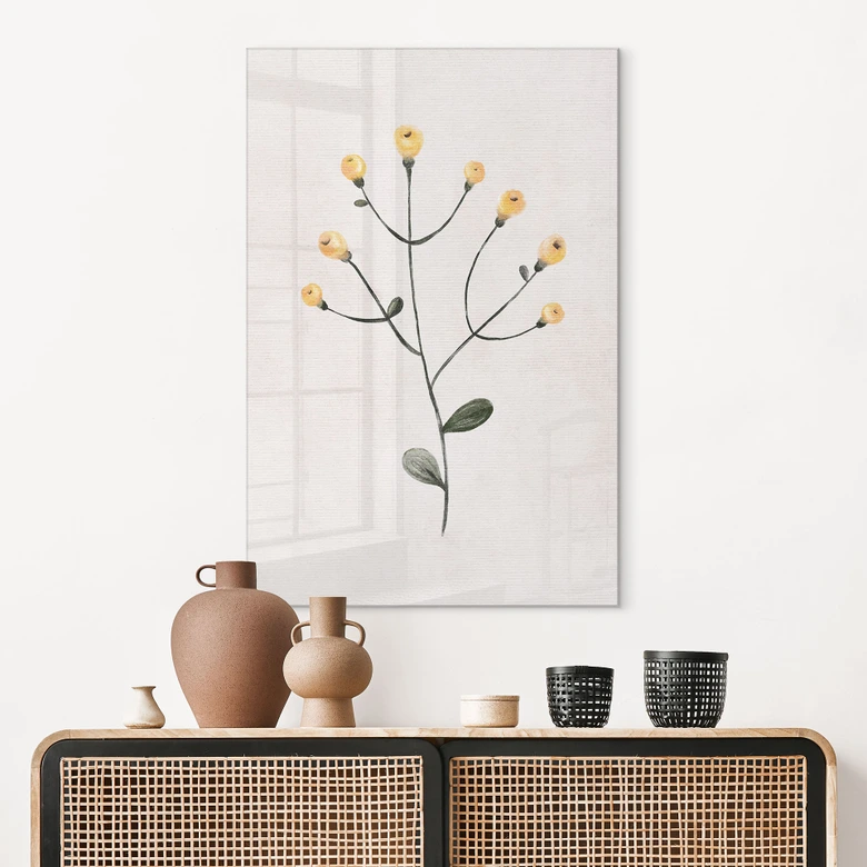 Tableau en verre acrylique Plante délicate avec fleurs jaunes - Goed Blauw 