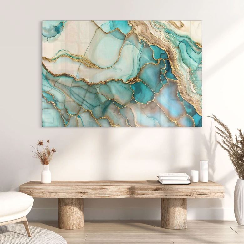Tableau en verre acrylique Vague marbrée turquoise et or - Haase 