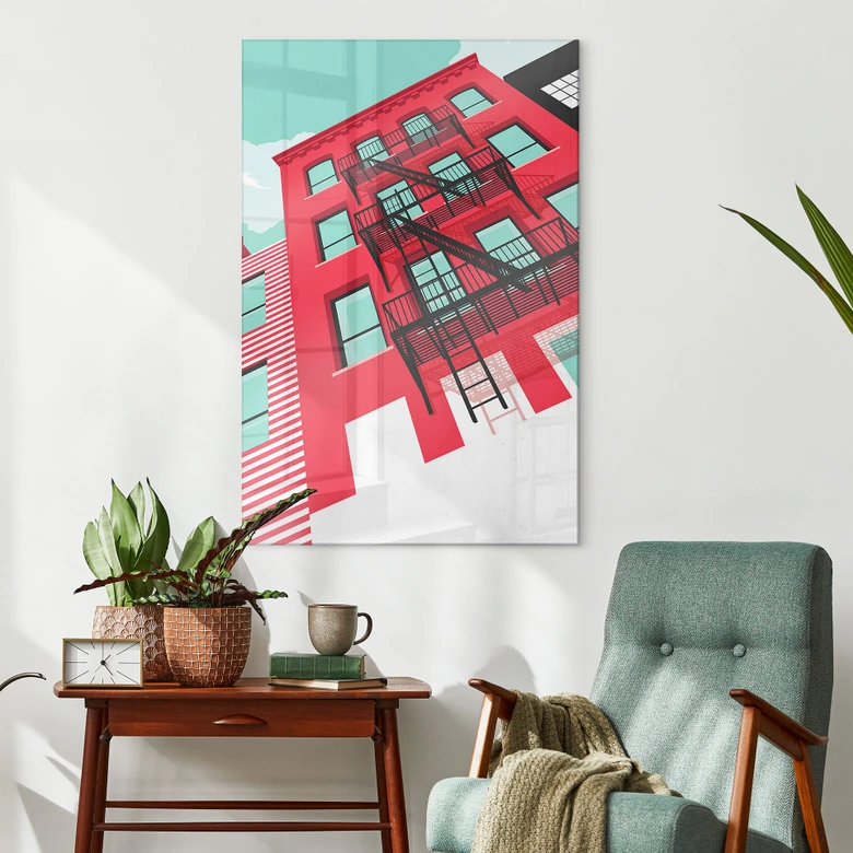 Acrylglasbild Rote Fassade mit Feuertreppe in New York - Heemskerk 