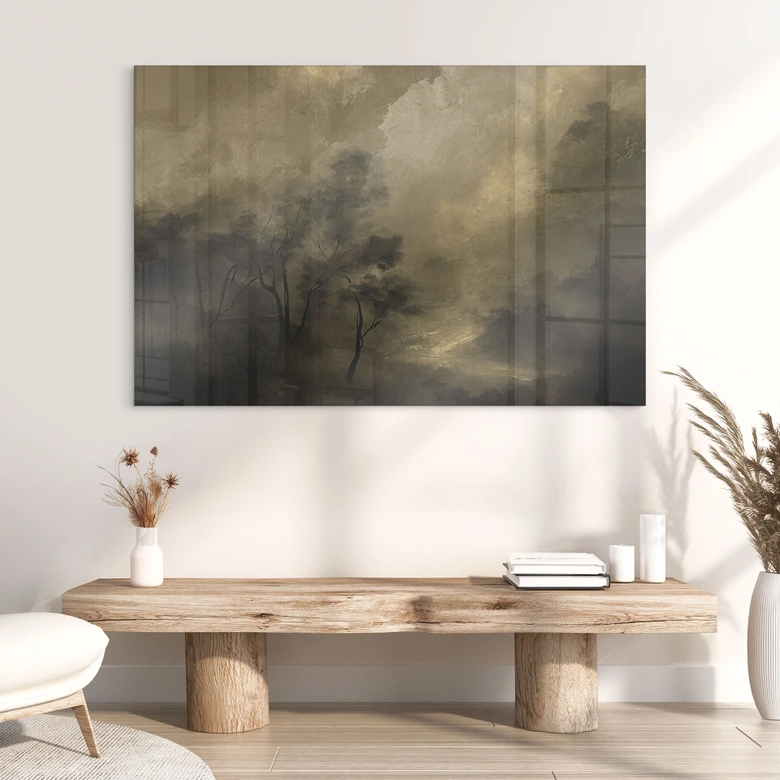 Tableau en verre acrylique Arbres dans la brume du crépuscule - Hobday 