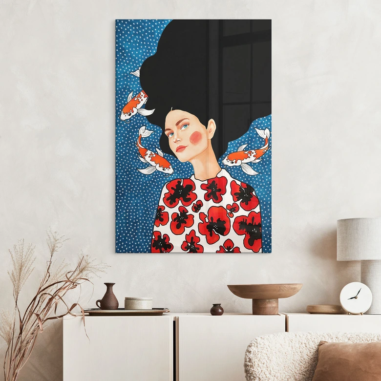 Acrylglasbild Frau im Blütenkleid mit Kois - Hülya 
