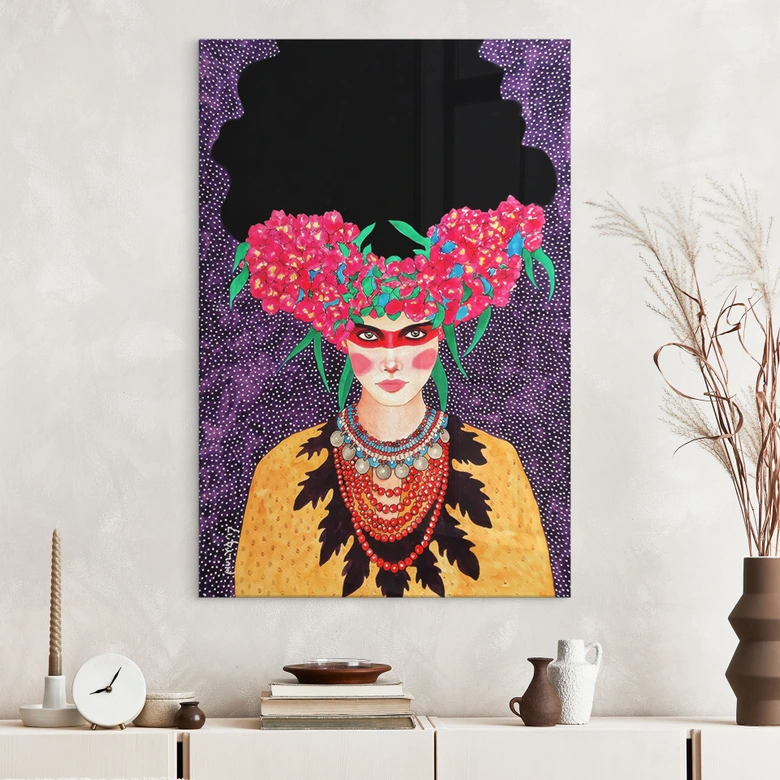 Acrylglas afbeelding Vrouw met bloemenkrans en stijfsel - Hülya 