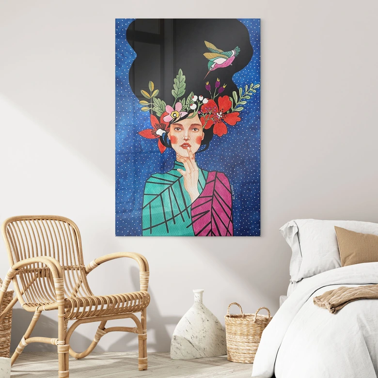 Acrylglasbild Frau mit Kolibri in der Sternennacht - Hülya 
