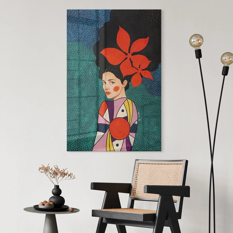 Acrylglasbild Frau mit roten Blüten und Musterkleid - Hülya 