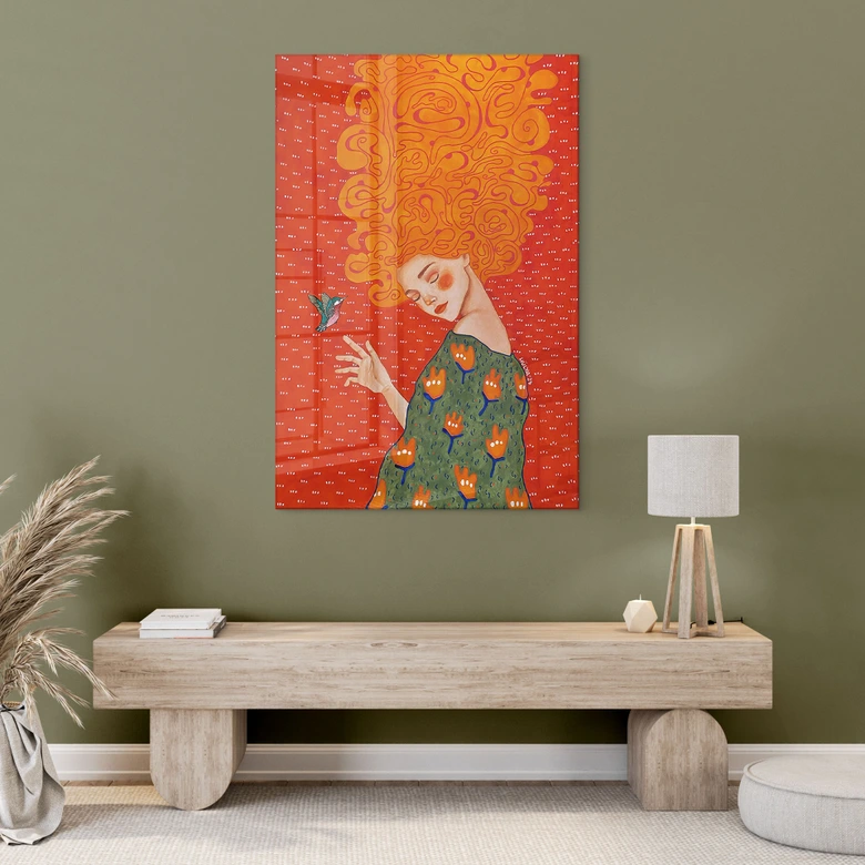 Acrylglasbild Kolibri und Frau im roten Licht - Hülya 