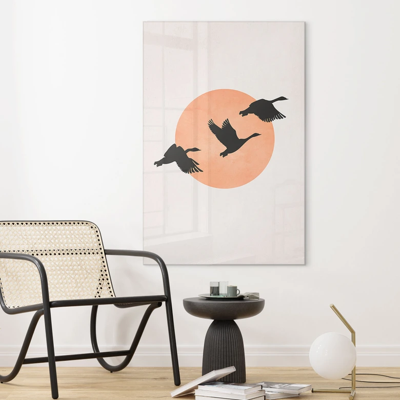 Acrylglasbild Vögel vor der pfirsichfarbenen Sonne - Kubistika 