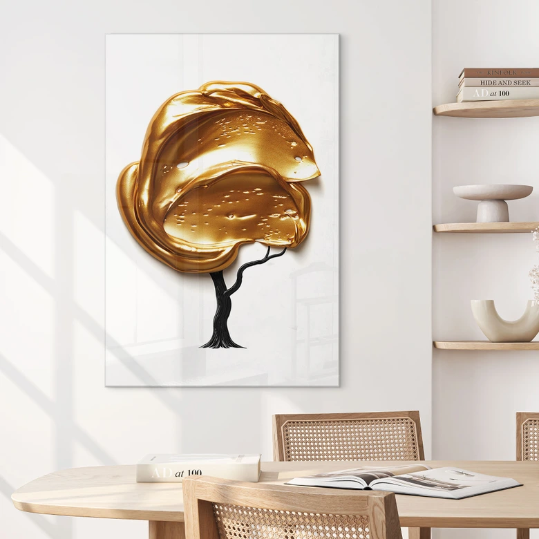 Tableau en verre acrylique Arbre avec couronne 3D dorée - Mielu 