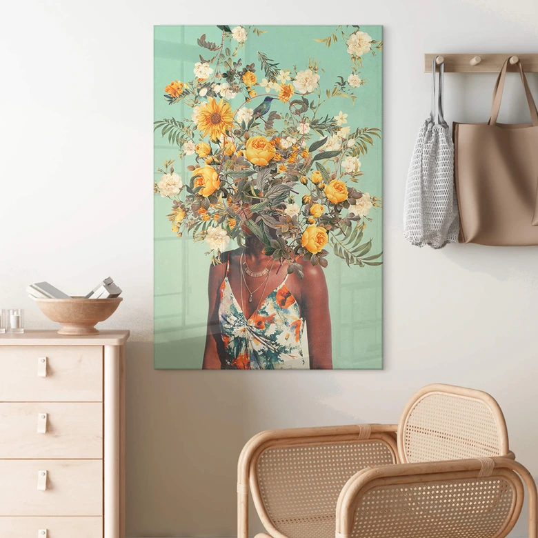 Acrylglasbild Moth - Frau mit Sommerblumen auf dem Kopf 