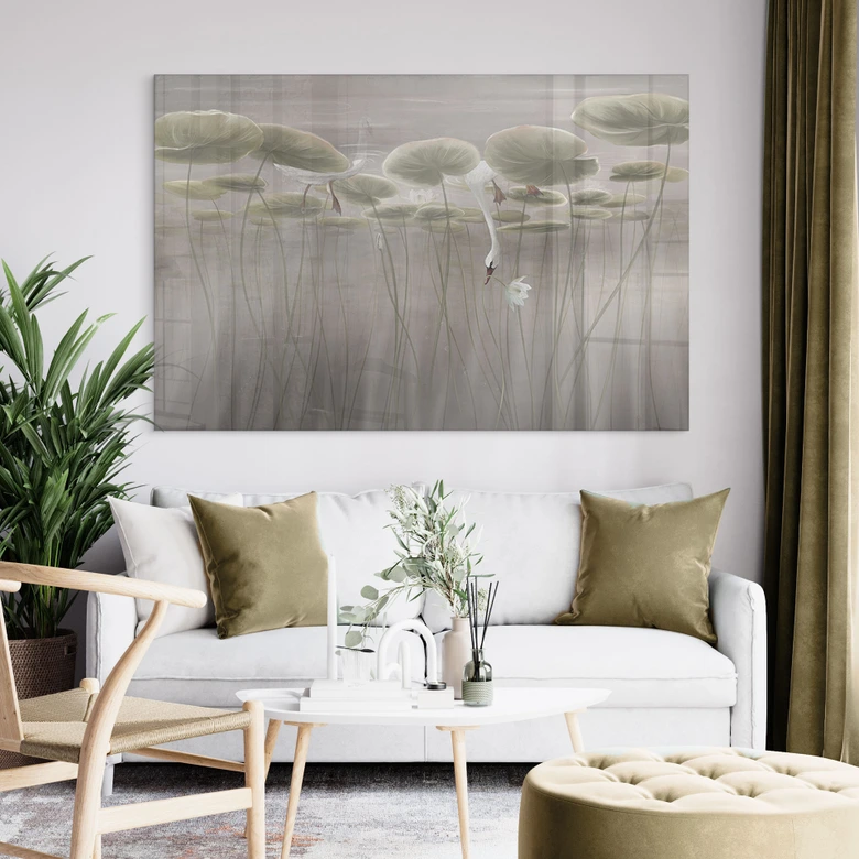 Acrylglasbild Lotusblumen mit Schwan im Wasser in Grau - Ms Tiff 