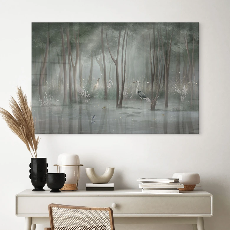Acrylglasbild Nebelwald am See mit Reiher in Grün - Ms Tiff 