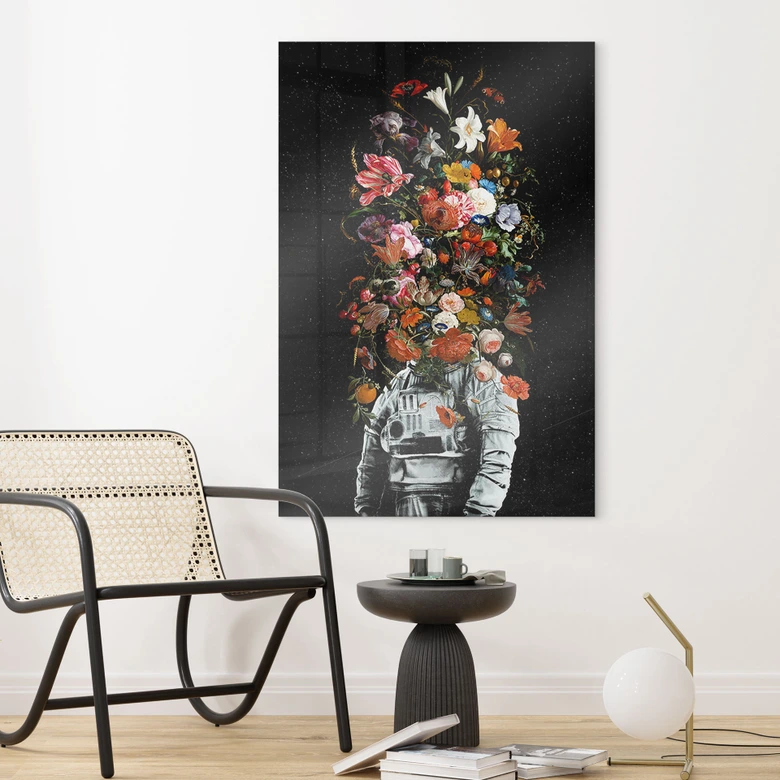 Acrylglasbild Astronaut mit Blumen-Arrangement - Nicebleed 