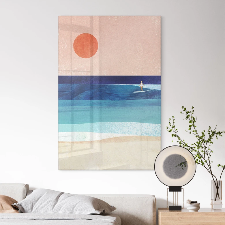Tableau en verre acrylique Fillette surfeuse au coucher du soleil - Rivers 