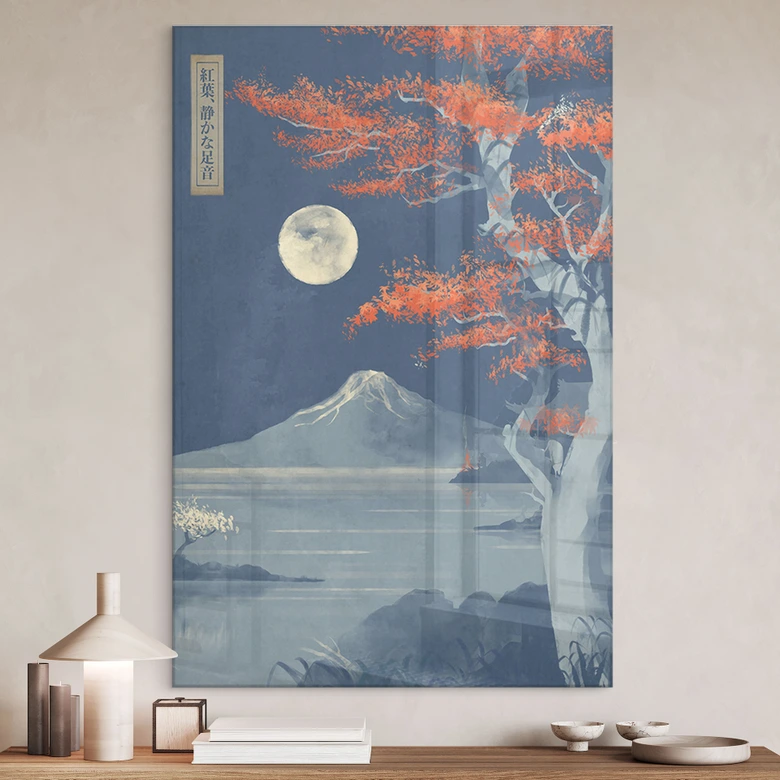 Acrylglasbild Vollmond über dem Gipfel des Fuji-san - Roze 