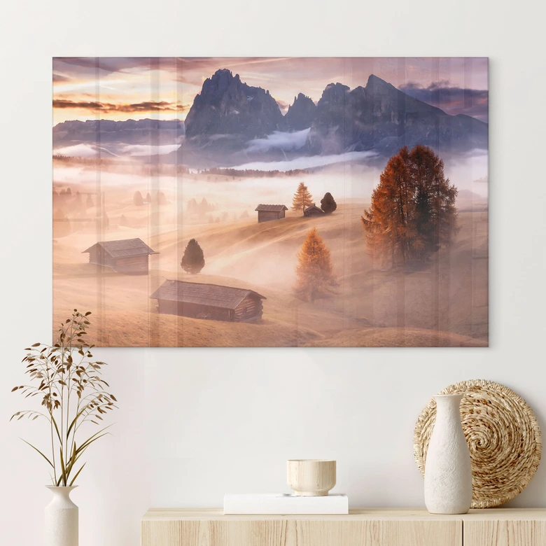 Tableau en verre acrylique brouillard d'automne dans les Alpes - Selagea 