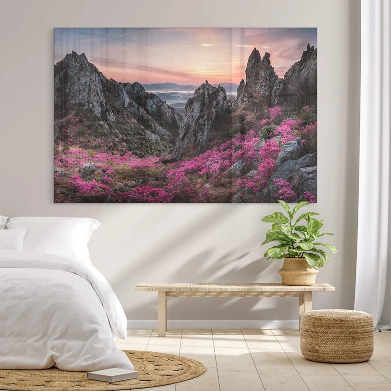 Acrylglasbild Seo - Felsige Landschaft im Sonnenuntergang 