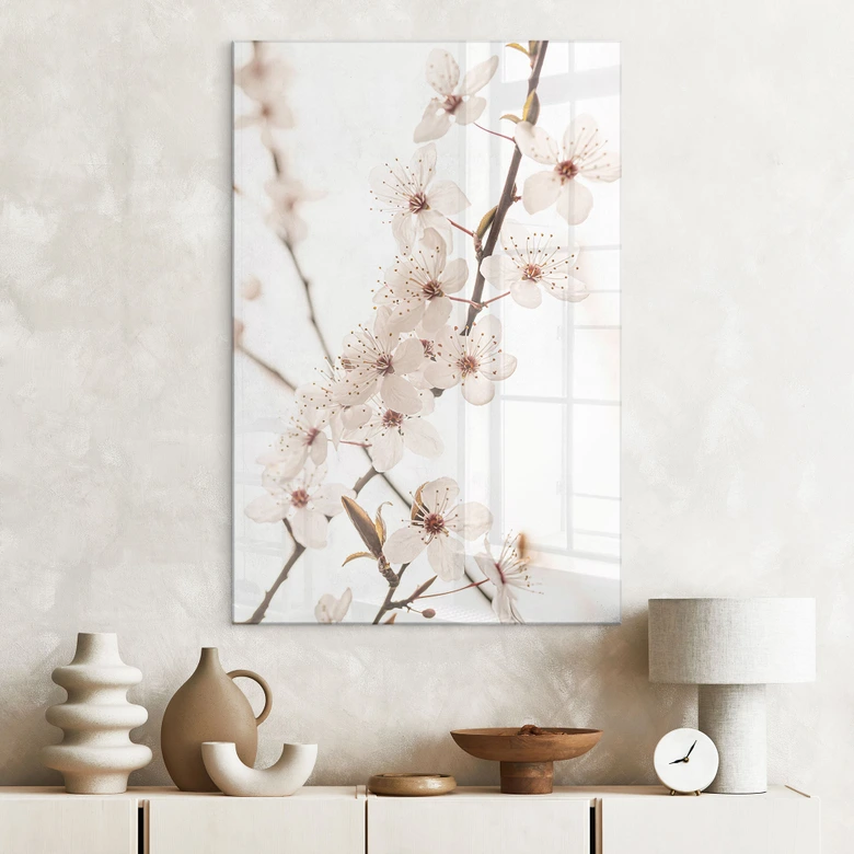 Tableau en verre acrylique Branche avec fleurs de cerisier blanches - Sisi & Seb 