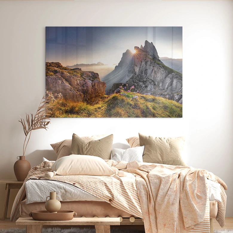 Tableau en verre acrylique Lever de soleil sur les montagnes du Tyrol du Sud 