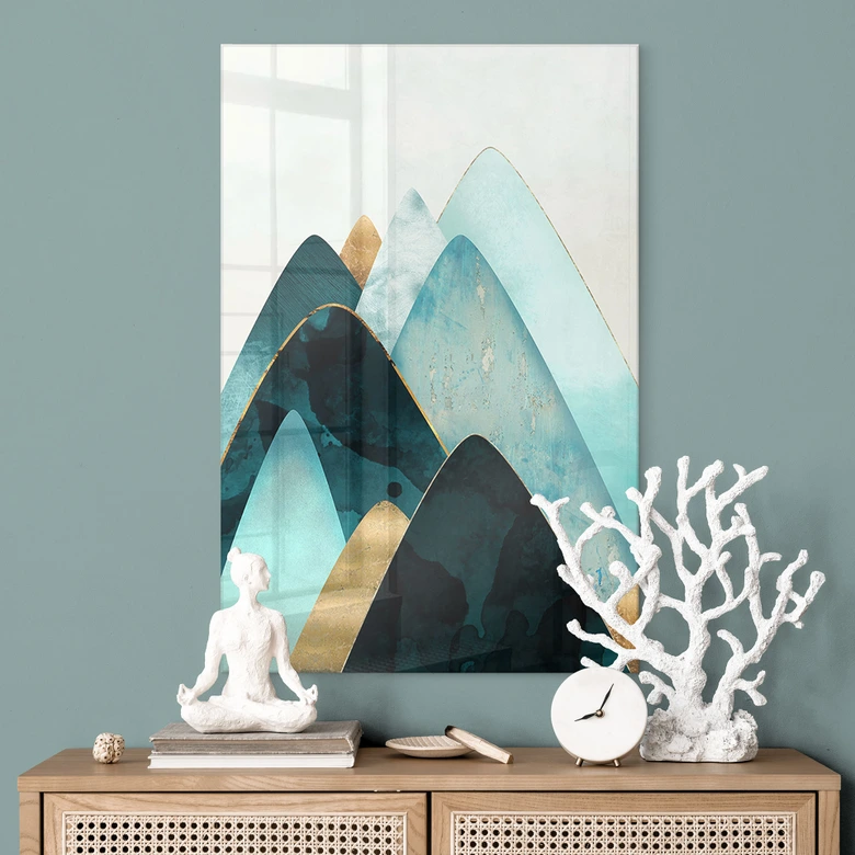 Acrylglasbild Abstrakte Berge in Gold und Blau - SpaceFrog Designs 