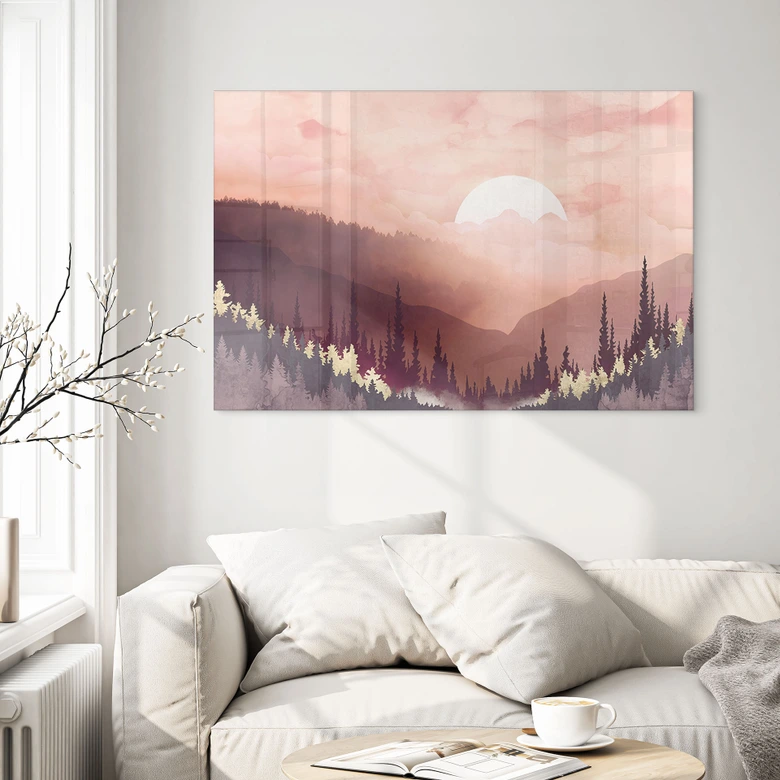 Acrylglasbild Rosa Sonnenuntergang über dem Wald - SpaceFrog Designs 