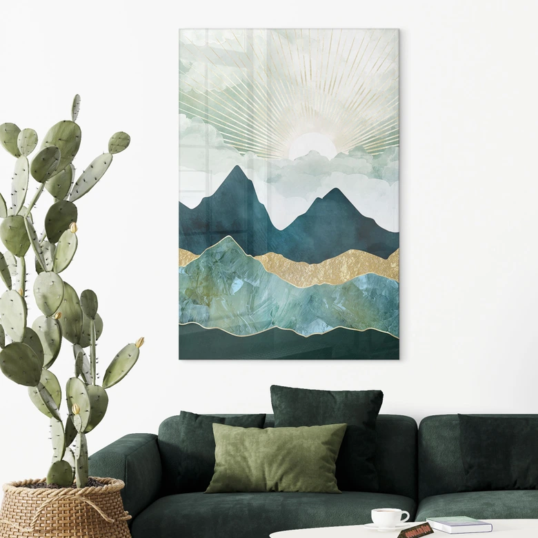 Tableau sur verre acrylique Paysage ensoleillé en bleu et or - SpaceFrog Designs 