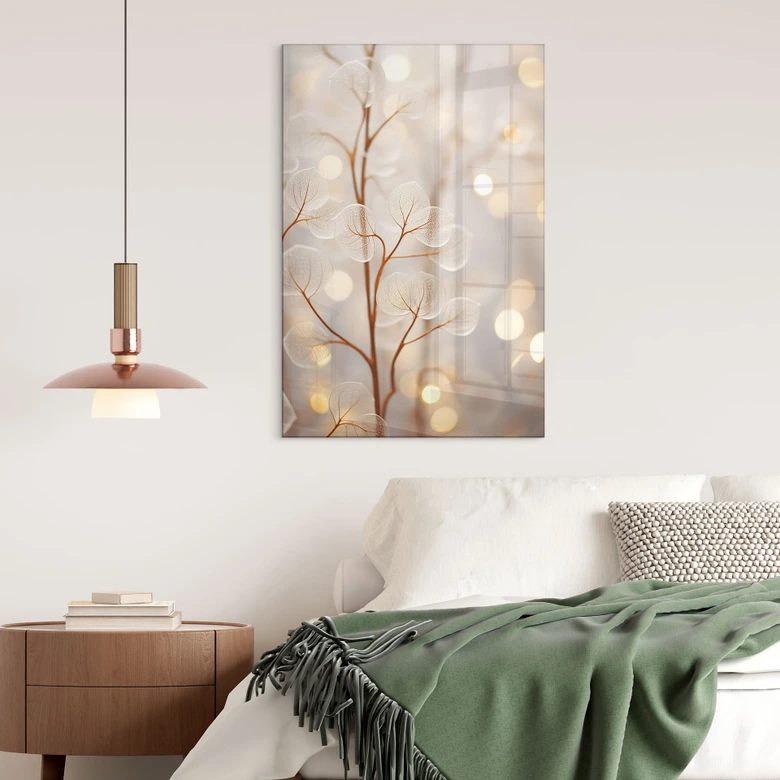 Tableau en verre acrylique Filigrane Feuilles Beige - Treechild 