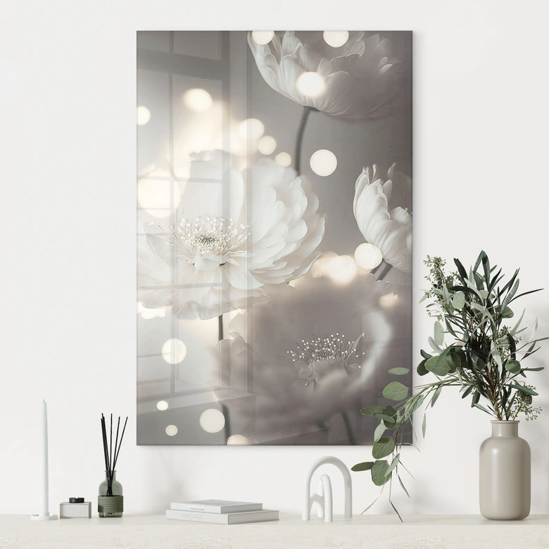 Tableau en verre acrylique Fleurs blanches dans un océan de lumière - Treechild 