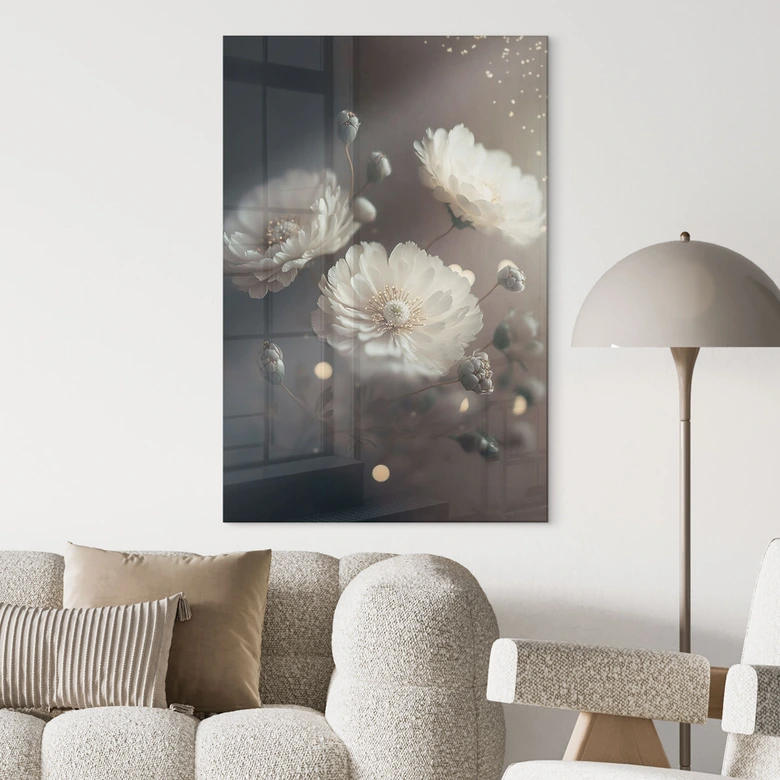 Tableau en verre acrylique Fleurs blanches avec poussière d'or - Treechild 