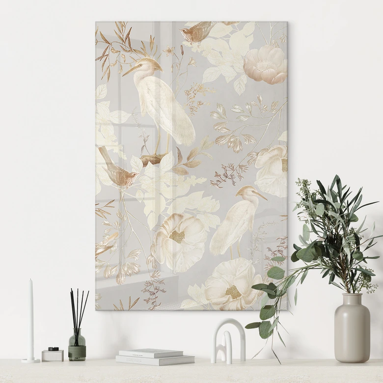 Acrylglasbild Vögel zwischen weißen Blumen - UN Designs 