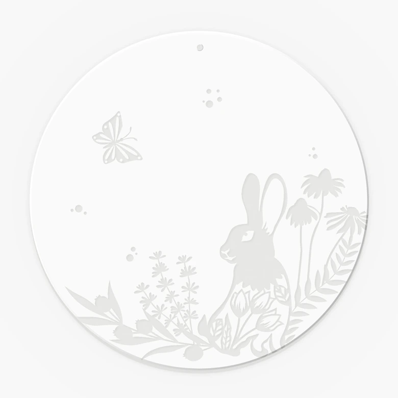 Tableau acrylique, tableau fenêtre à suspendre Lapin dans le pré fleuri - Rond 